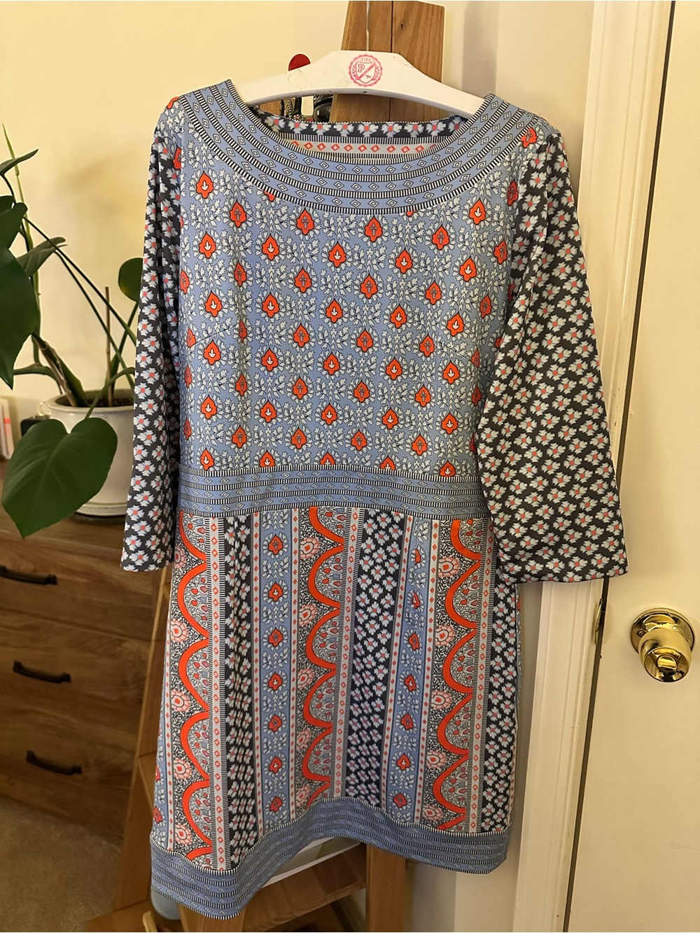 Gretchen Scott Designs Blue and Orange Printed Long-Sleeve Shift Dress